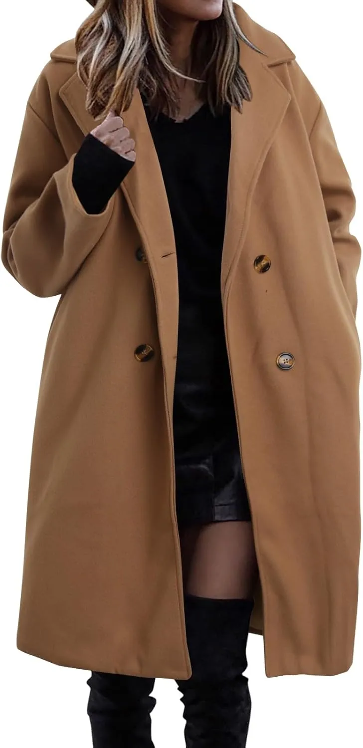 Women's Oversized Notched Collar Wool Blend Single Breast Midi Long Trench Coat