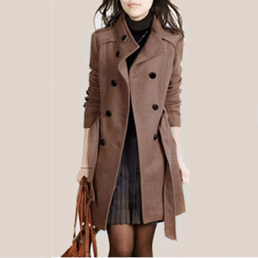 Women's Oversized Notched Collar Wool Blend Single Breast Midi Long Trench Coat