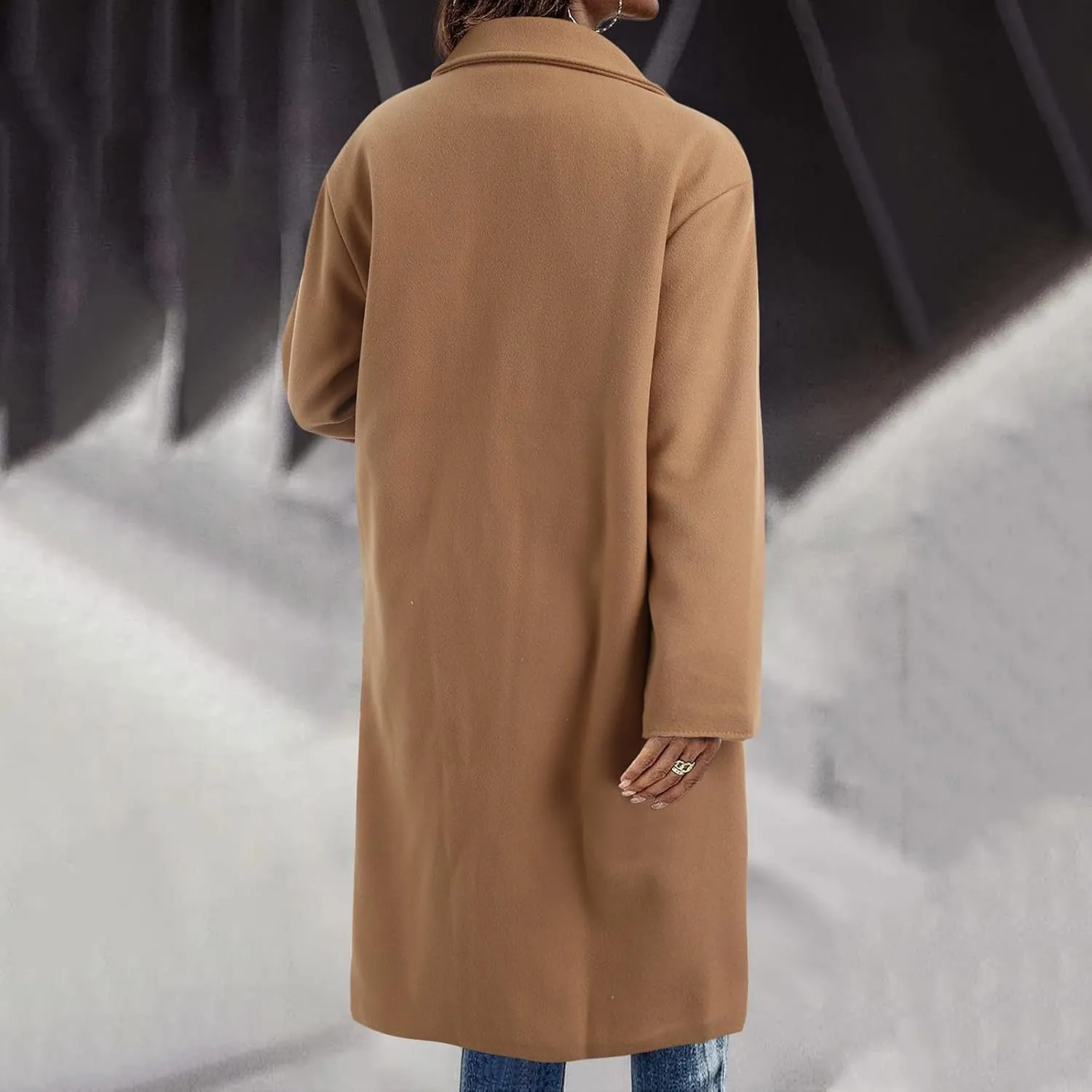 Women's Oversized Notched Collar Wool Blend Single Breast Midi Long Trench Coat