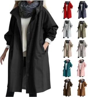 Womens Oversized Trench Coat Lightweight Windbreaker Waterproof Raincoat Long Hooded Pea Coat Lined Elegant Jacket