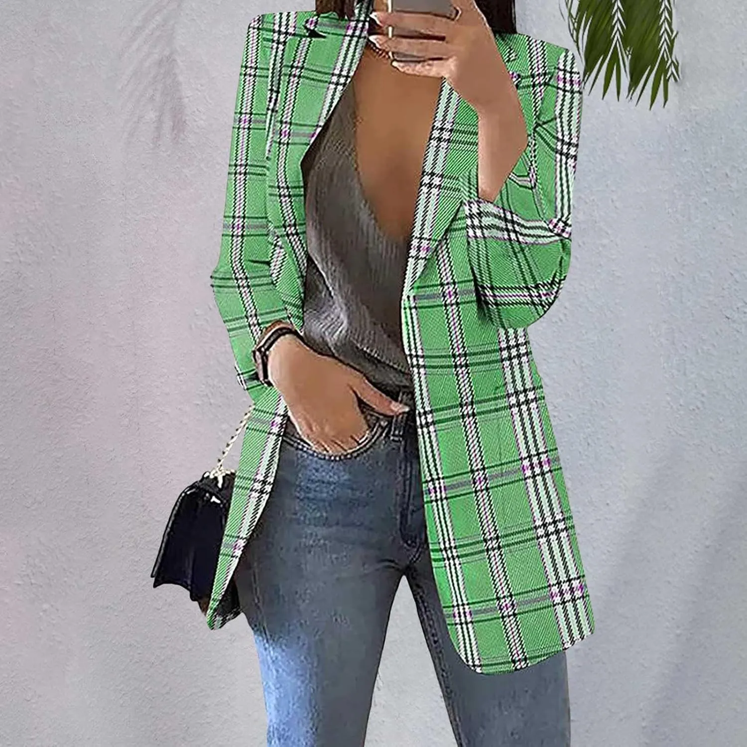 Womens Plaid Tweed Blazers Dressy Casual Open Front Long Sleeve Suit Jackets Vintage Print Tweed Longline Cardigans