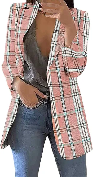 Womens Plaid Tweed Blazers Dressy Casual Open Front Long Sleeve Suit Jackets Vintage Print Tweed Longline Cardigans