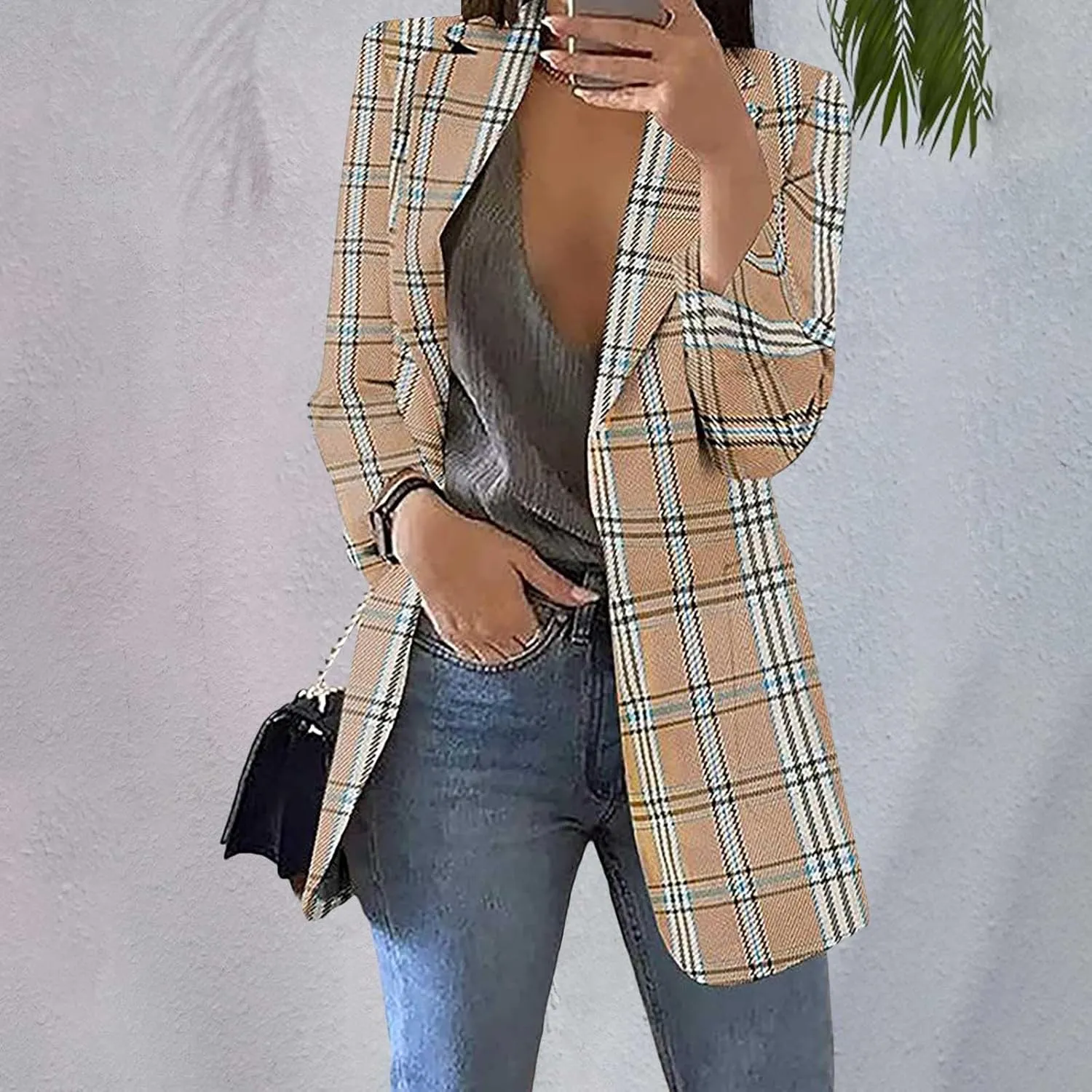 Womens Plaid Tweed Blazers Dressy Casual Open Front Long Sleeve Suit Jackets Vintage Print Tweed Longline Cardigans
