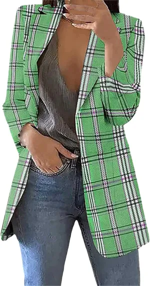 Womens Plaid Tweed Blazers Dressy Casual Open Front Long Sleeve Suit Jackets Vintage Print Tweed Longline Cardigans