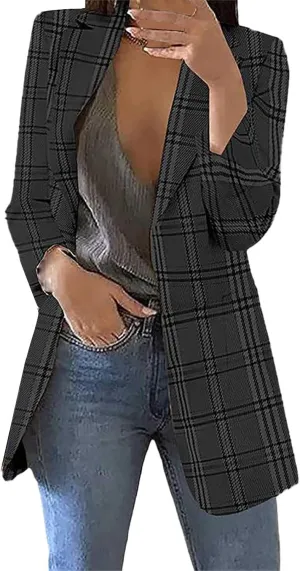 Womens Plaid Tweed Blazers Dressy Casual Open Front Long Sleeve Suit Jackets Vintage Print Tweed Longline Cardigans