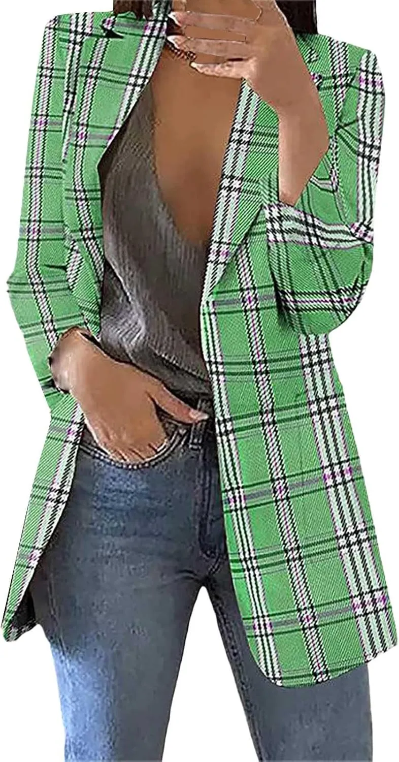 Womens Plaid Tweed Blazers Dressy Casual Open Front Long Sleeve Suit Jackets Vintage Print Tweed Longline Cardigans