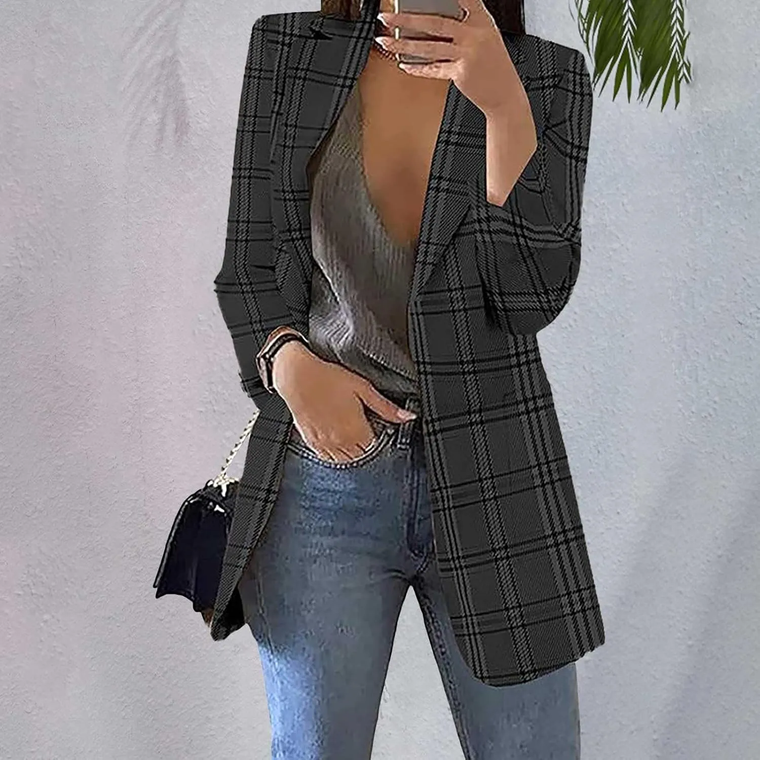 Womens Plaid Tweed Blazers Dressy Casual Open Front Long Sleeve Suit Jackets Vintage Print Tweed Longline Cardigans