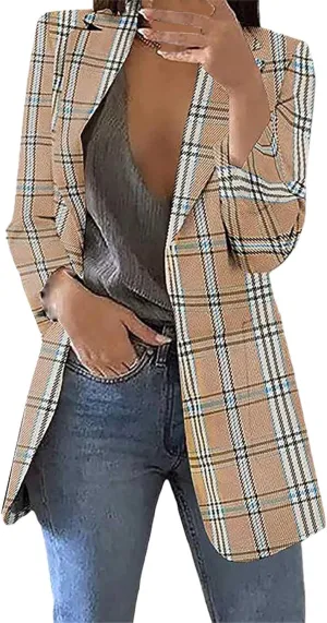 Womens Plaid Tweed Blazers Dressy Casual Open Front Long Sleeve Suit Jackets Vintage Print Tweed Longline Cardigans