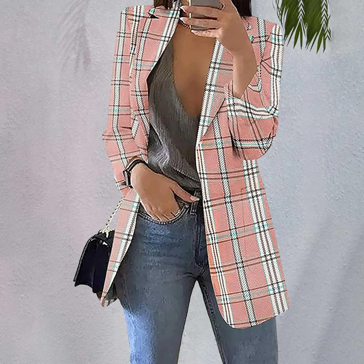 Womens Plaid Tweed Blazers Dressy Casual Open Front Long Sleeve Suit Jackets Vintage Print Tweed Longline Cardigans