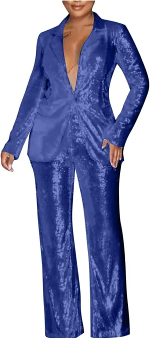 Womens Suits 2 Piece Set Sequin Slim Blazer Jacket and Wide Leg Pants Pockets Summer Fall Business Casual Suit Sets
