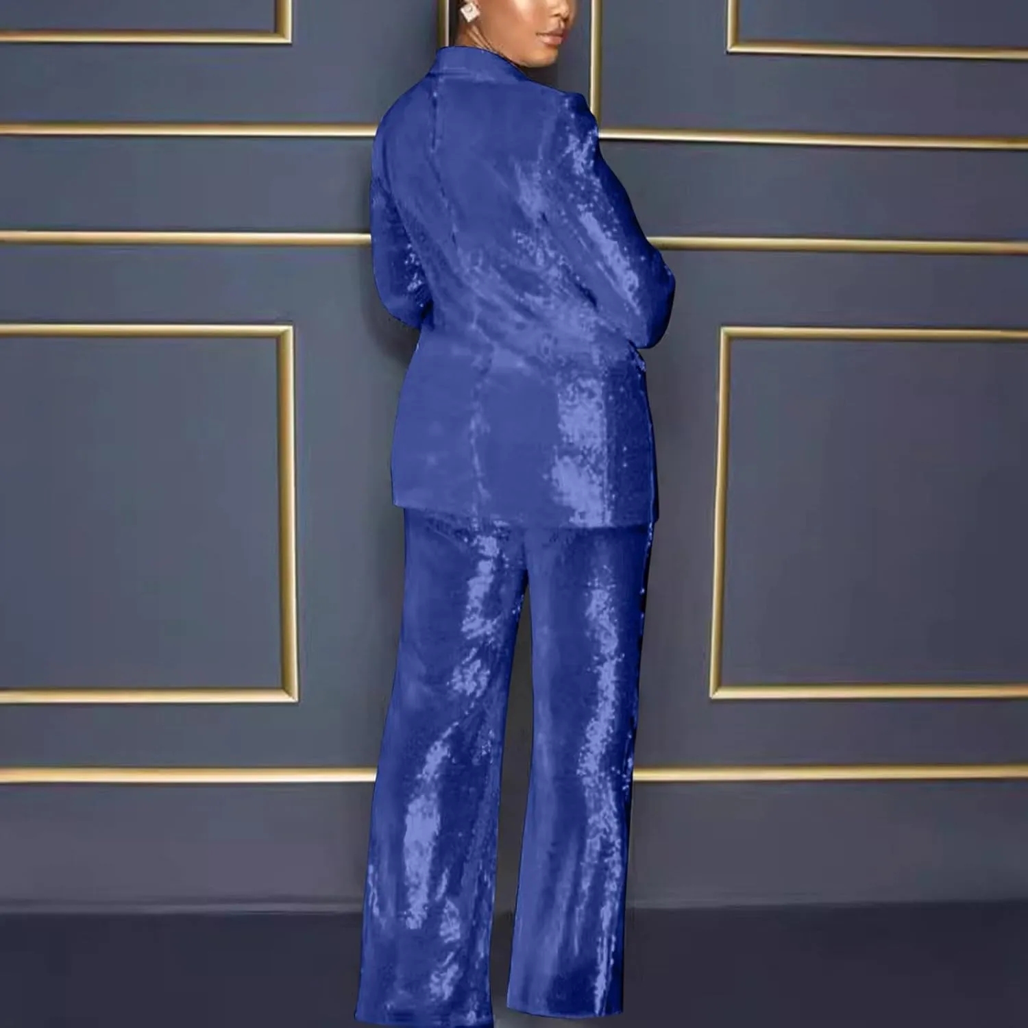 Womens Suits 2 Piece Set Sequin Slim Blazer Jacket and Wide Leg Pants Pockets Summer Fall Business Casual Suit Sets
