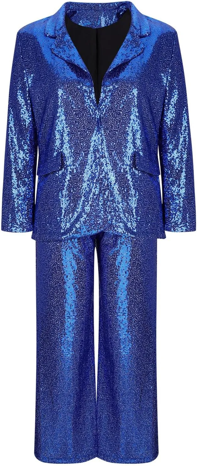 Womens Suits 2 Piece Set Sequin Slim Blazer Jacket and Wide Leg Pants Pockets Summer Fall Business Casual Suit Sets