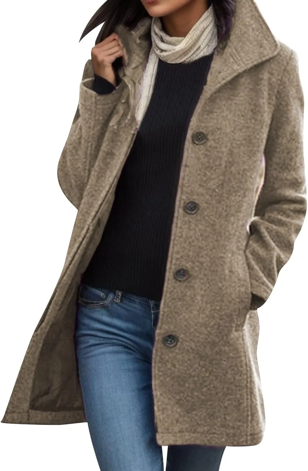 Womens Trench Coat 2025 Winter Casual Notch Lapel Single Breasted Belted Midi Peacoat with Pockets