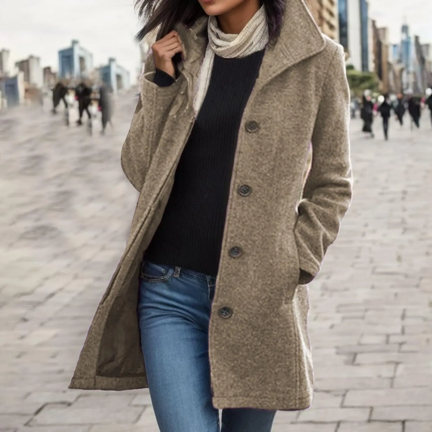 Womens Trench Coat 2025 Winter Casual Notch Lapel Single Breasted Belted Midi Peacoat with Pockets