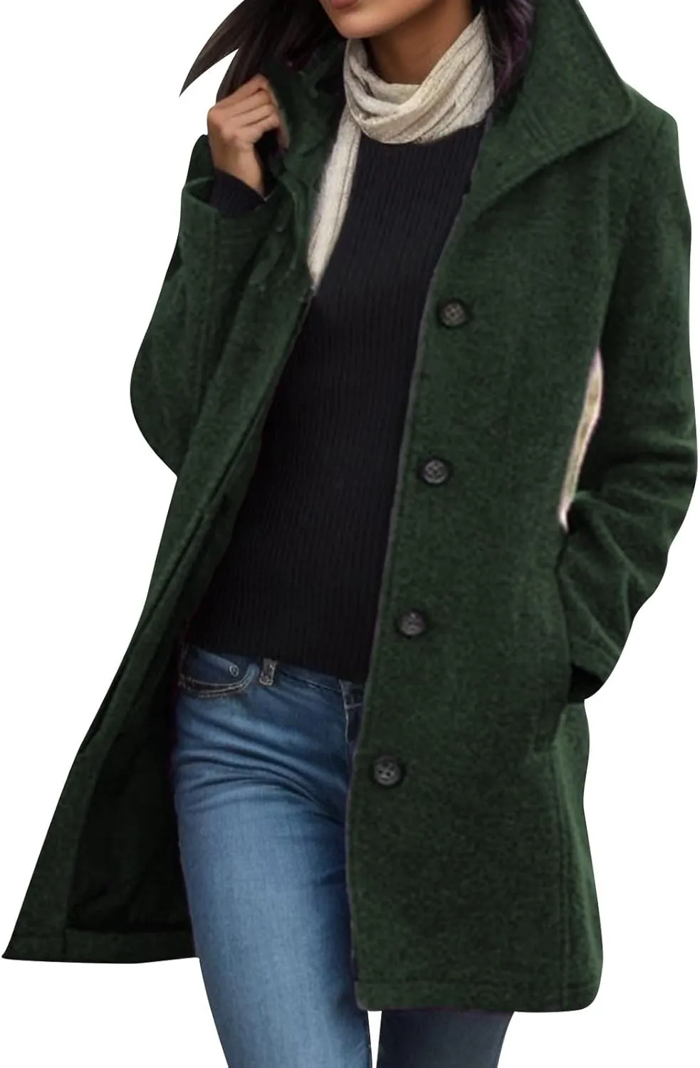 Womens Trench Coat 2025 Winter Casual Notch Lapel Single Breasted Belted Midi Peacoat with Pockets