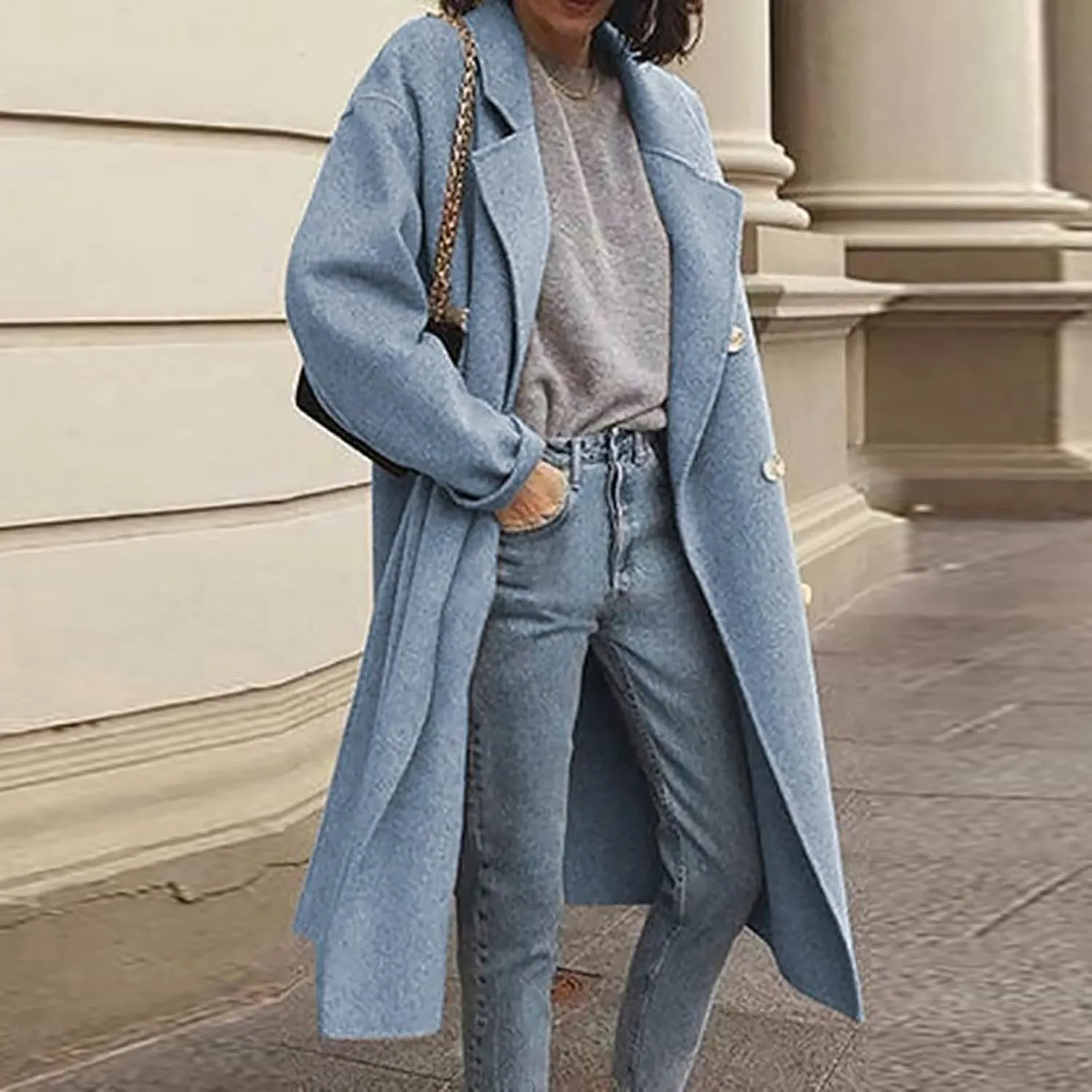 Womens Trench Coat Fall Winter Wool Coats Notch Lapel Double Breasted Oversized Midi Peacoat Trench Coats