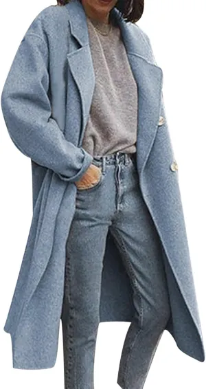 Womens Trench Coat Fall Winter Wool Coats Notch Lapel Double Breasted Oversized Midi Peacoat Trench Coats
