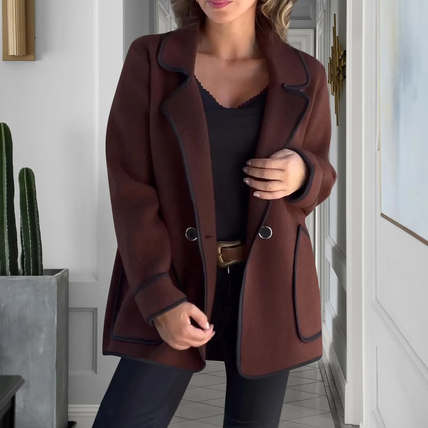 Womens Trench Coat Mid Length Western Coat Notch Lapel Blazer Button Pea Coat Open Front Cardigan Dressy Casual Jackets