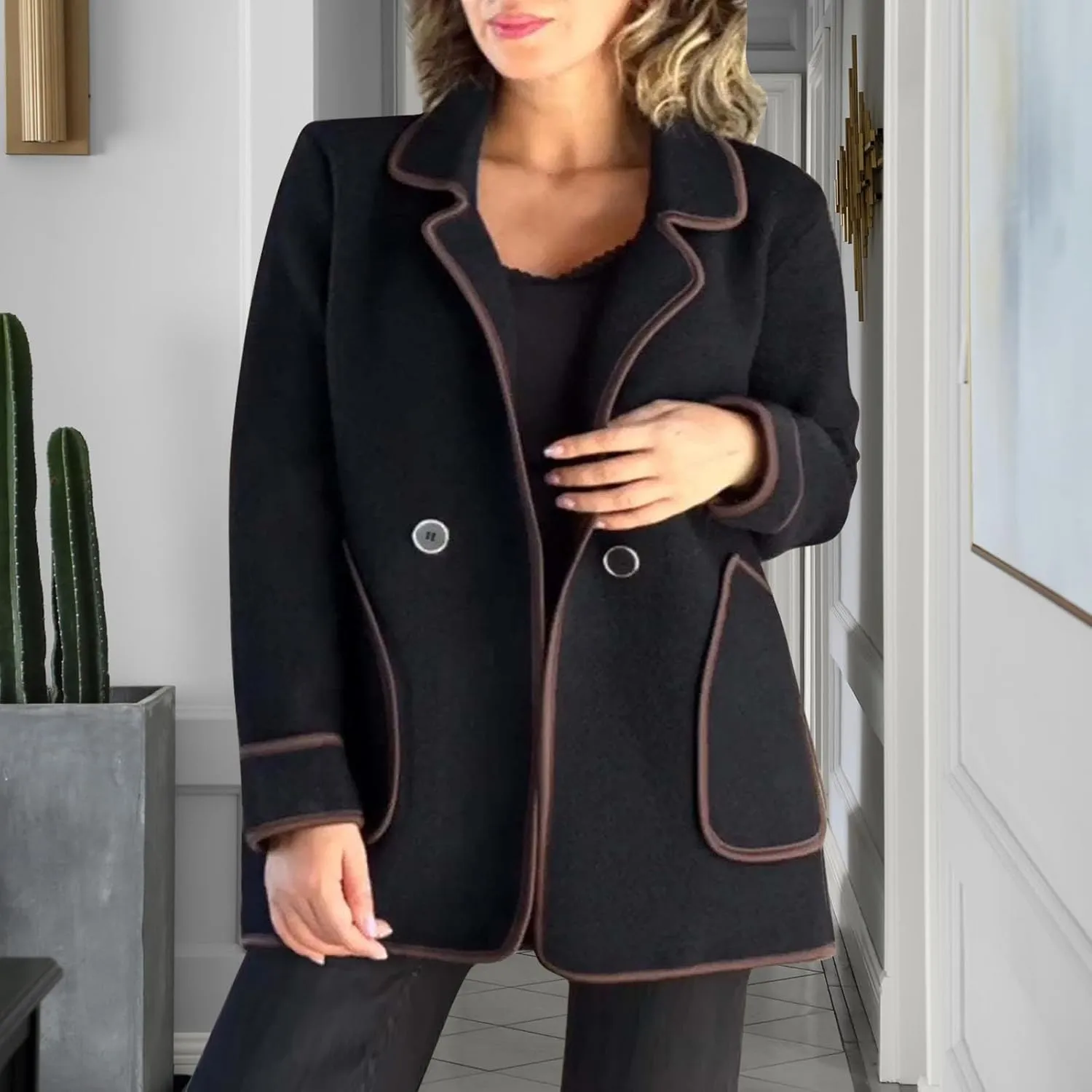 Womens Trench Coat Mid Length Western Coat Notch Lapel Blazer Button Pea Coat Open Front Cardigan Dressy Casual Jackets