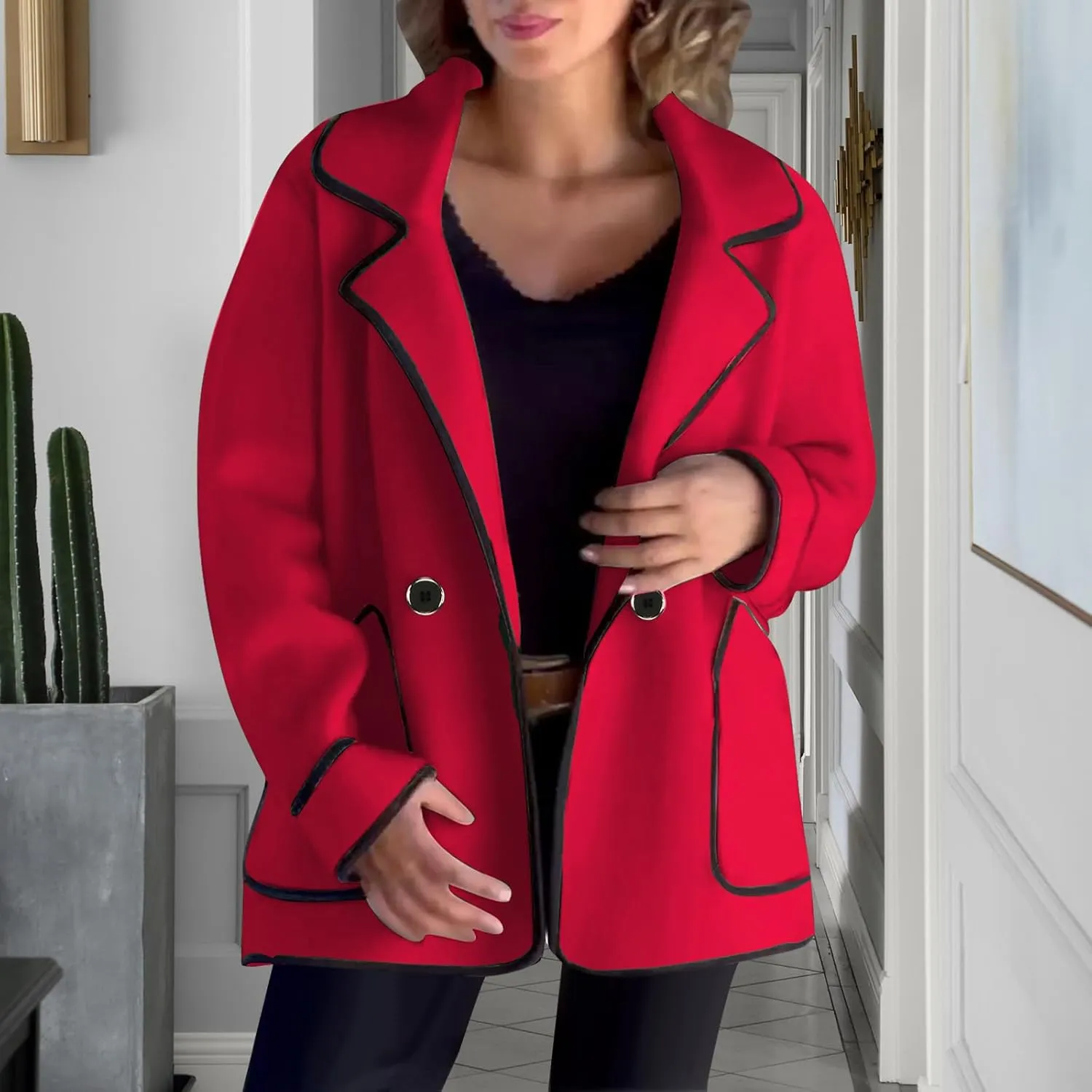 Womens Trench Coat Mid Length Western Coat Notch Lapel Blazer Button Pea Coat Open Front Cardigan Dressy Casual Jackets