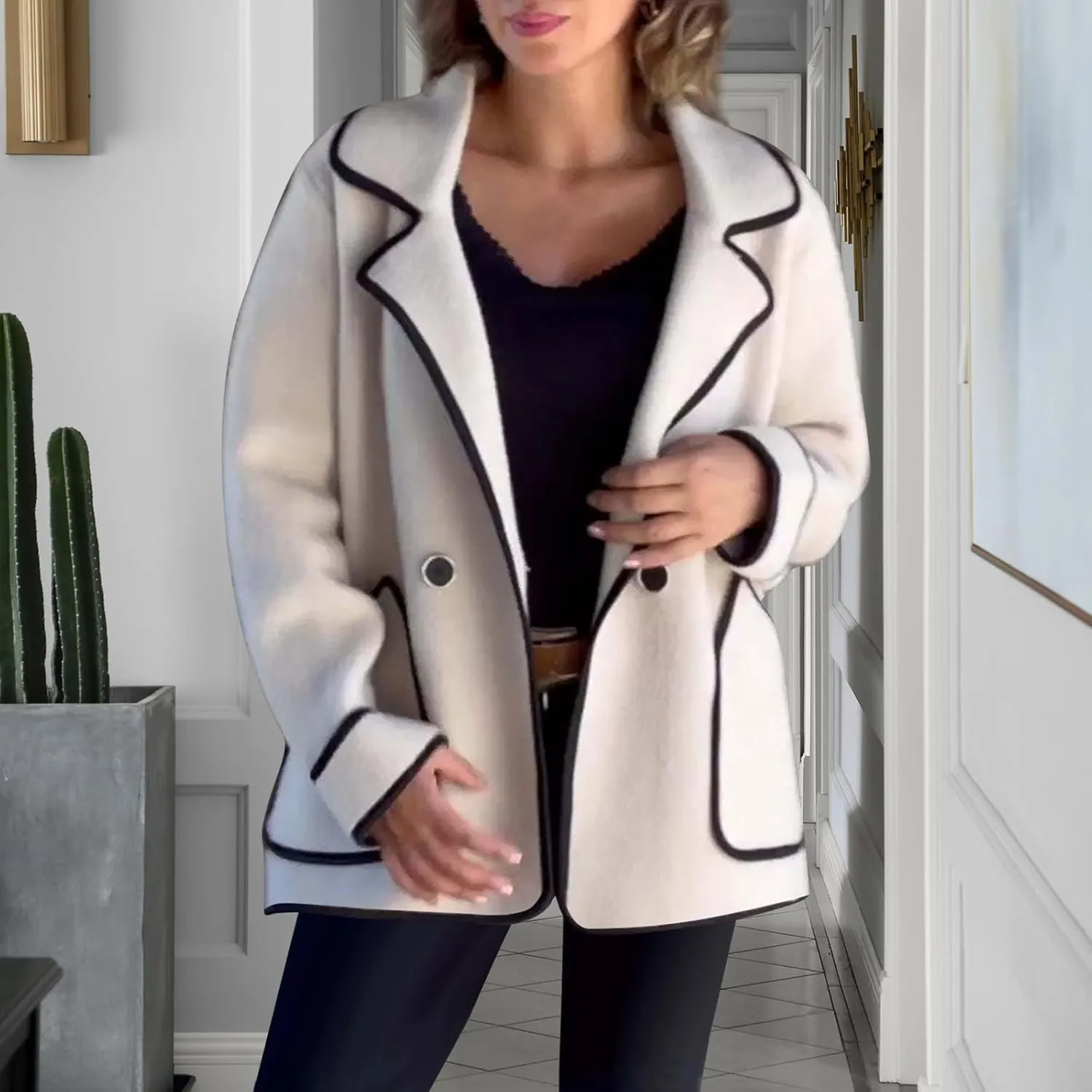 Womens Trench Coat Mid Length Western Coat Notch Lapel Blazer Button Pea Coat Open Front Cardigan Dressy Casual Jackets
