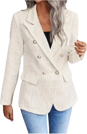 Womens Tweed Blazers Casual Plaid Jackets Long Sleeve Double Breasted Open Front Blazer Jackets Work Suits