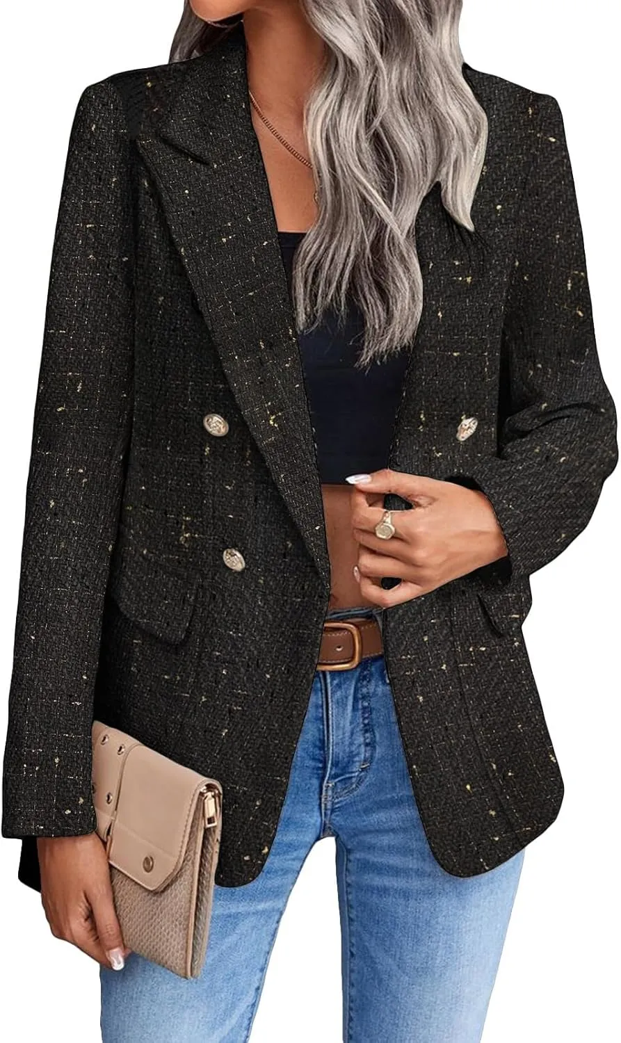 Womens Tweed Blazers Casual Plaid Jackets Long Sleeve Double Breasted Open Front Blazer Jackets Work Suits