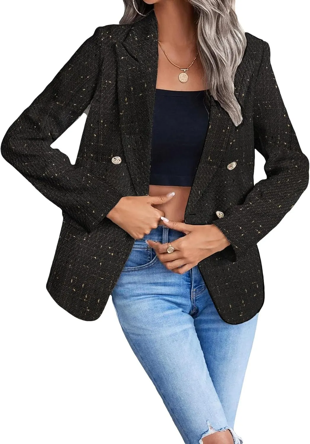 Womens Tweed Blazers Casual Plaid Jackets Long Sleeve Double Breasted Open Front Blazer Jackets Work Suits