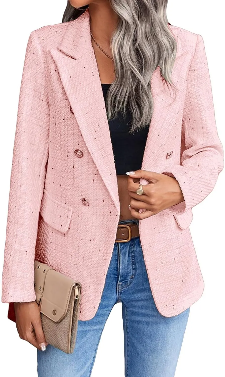 Womens Tweed Blazers Casual Plaid Jackets Long Sleeve Double Breasted Open Front Blazer Jackets Work Suits