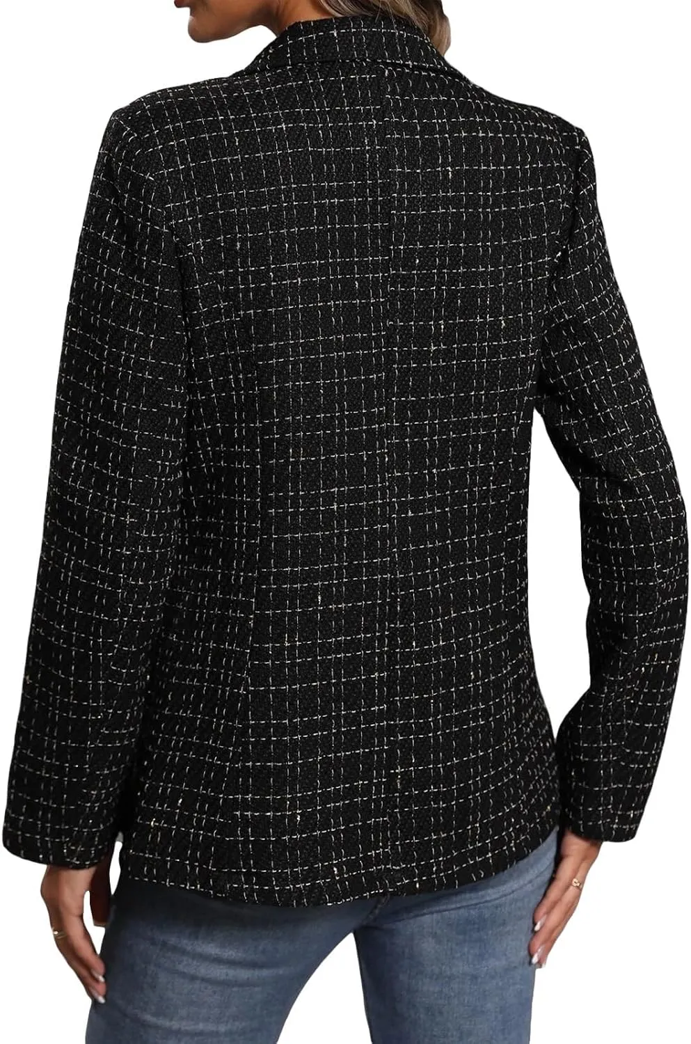 Womens Tweed Blazers Casual Plaid Jackets Long Sleeve Double Breasted Open Front Blazer Jackets Work Suits