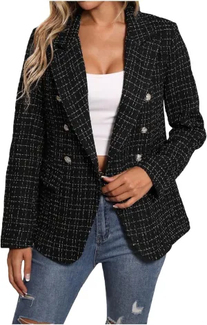 Womens Tweed Blazers Casual Plaid Jackets Long Sleeve Double Breasted Open Front Blazer Jackets Work Suits