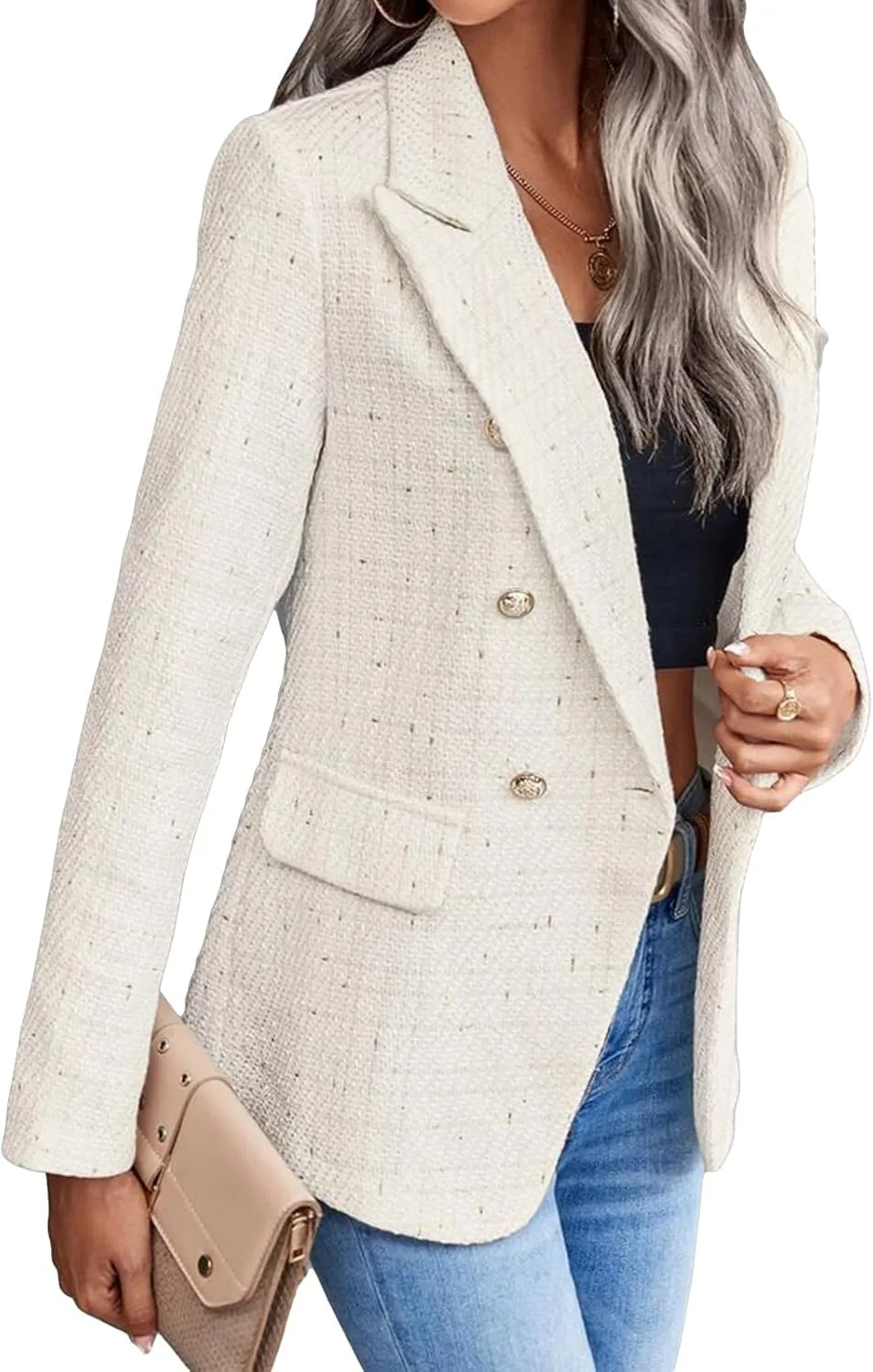 Womens Tweed Blazers Casual Plaid Jackets Long Sleeve Double Breasted Open Front Blazer Jackets Work Suits