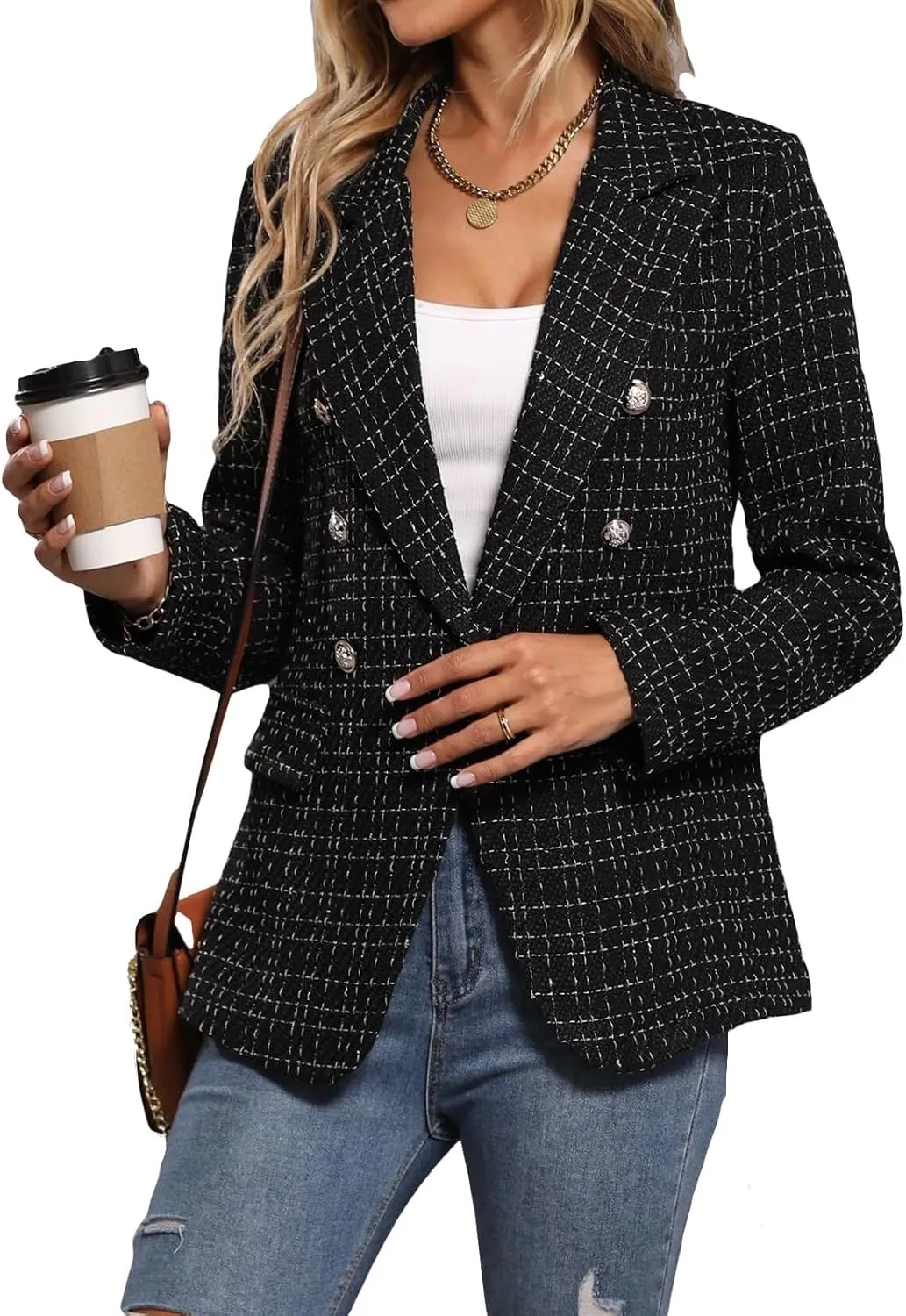 Womens Tweed Blazers Casual Plaid Jackets Long Sleeve Double Breasted Open Front Blazer Jackets Work Suits