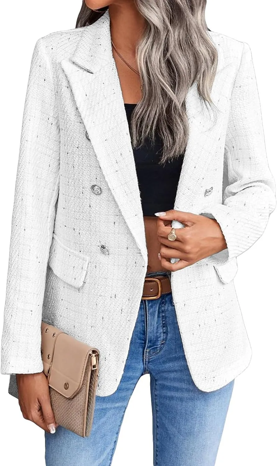 Womens Tweed Blazers Casual Plaid Jackets Long Sleeve Double Breasted Open Front Blazer Jackets Work Suits