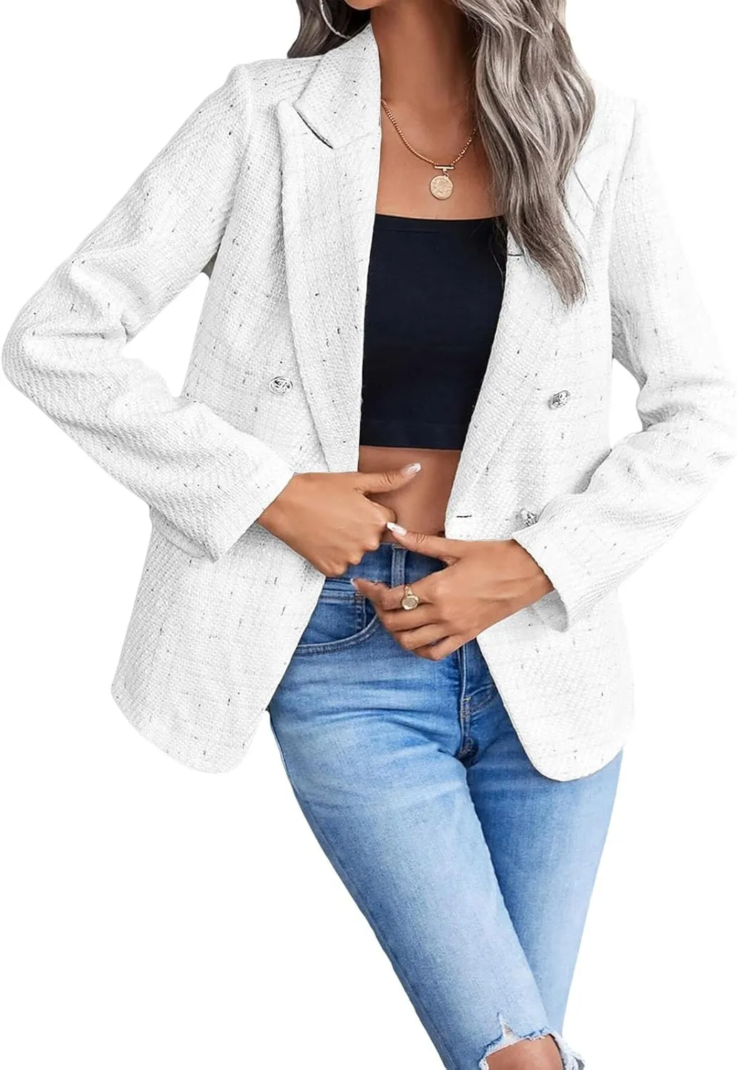 Womens Tweed Blazers Casual Plaid Jackets Long Sleeve Double Breasted Open Front Blazer Jackets Work Suits