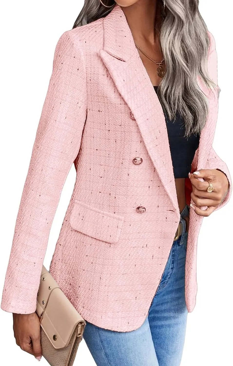 Womens Tweed Blazers Casual Plaid Jackets Long Sleeve Double Breasted Open Front Blazer Jackets Work Suits