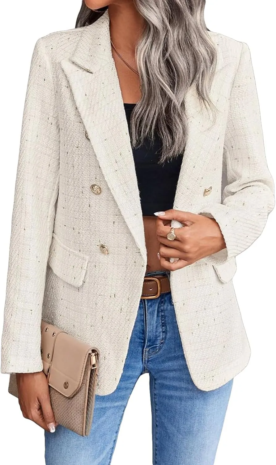 Womens Tweed Blazers Casual Plaid Jackets Long Sleeve Double Breasted Open Front Blazer Jackets Work Suits