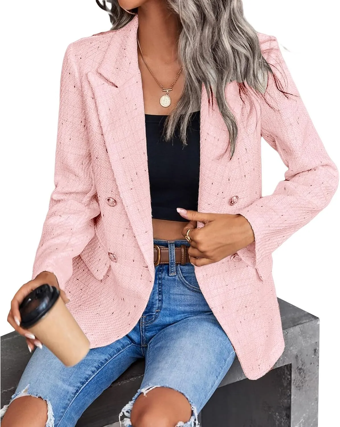 Womens Tweed Blazers Casual Plaid Jackets Long Sleeve Double Breasted Open Front Blazer Jackets Work Suits