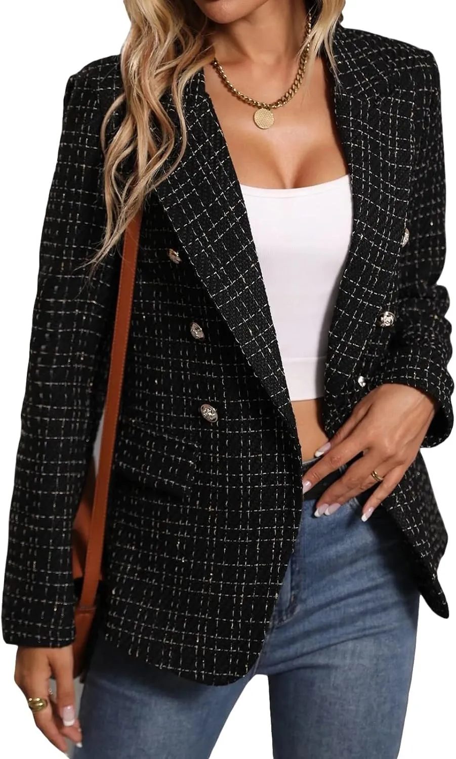 Womens Tweed Blazers Casual Plaid Jackets Long Sleeve Double Breasted Open Front Blazer Jackets Work Suits