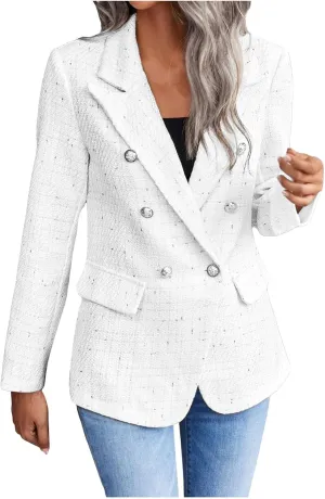 Womens Tweed Blazers Casual Plaid Jackets Long Sleeve Double Breasted Open Front Blazer Jackets Work Suits