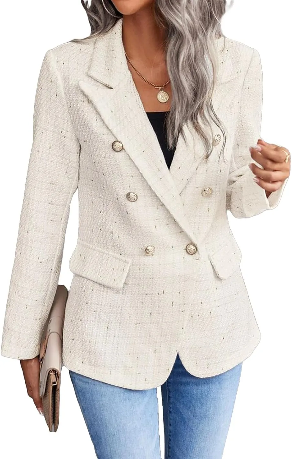 Womens Tweed Blazers Casual Plaid Jackets Long Sleeve Double Breasted Open Front Blazer Jackets Work Suits