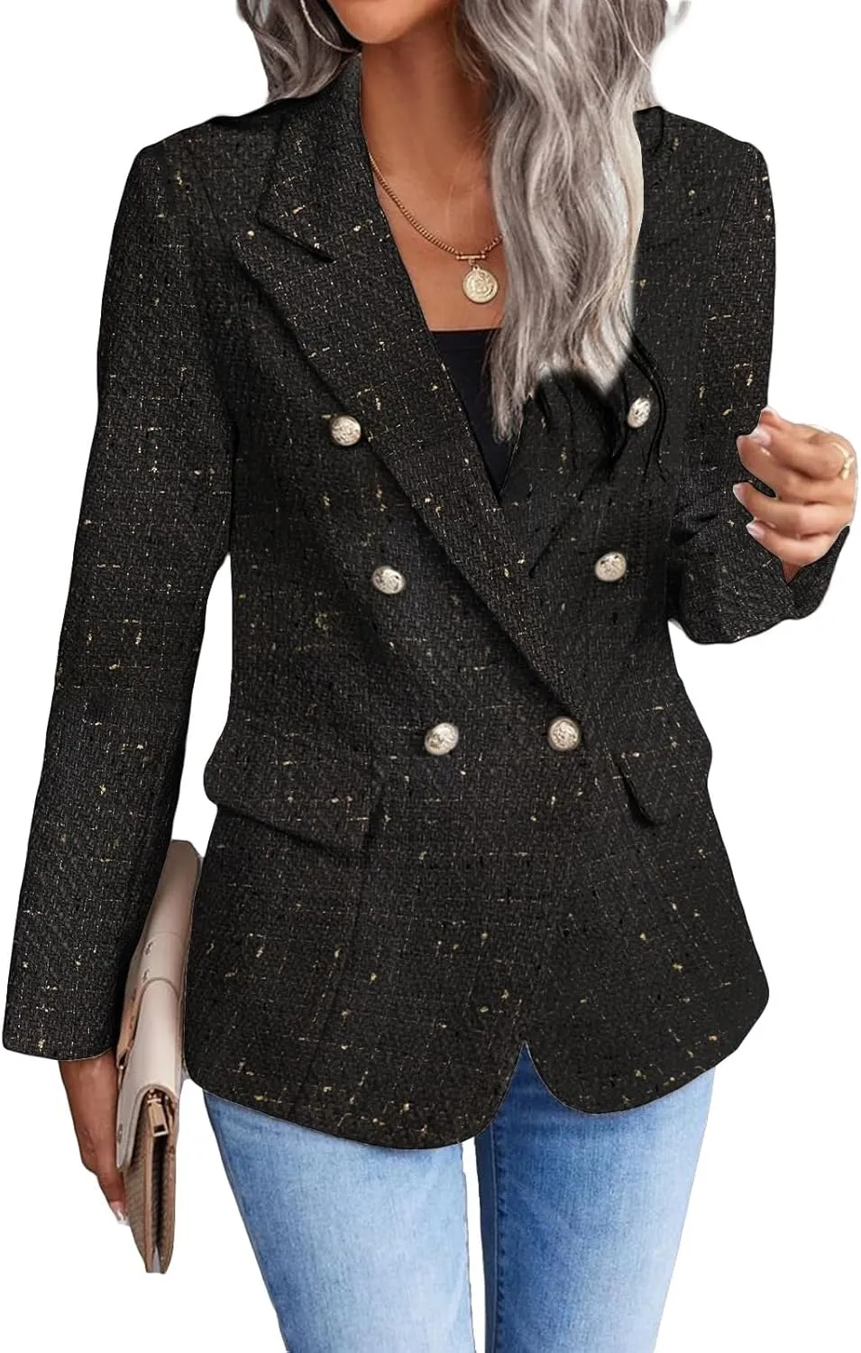 Womens Tweed Blazers Casual Plaid Jackets Long Sleeve Double Breasted Open Front Blazer Jackets Work Suits