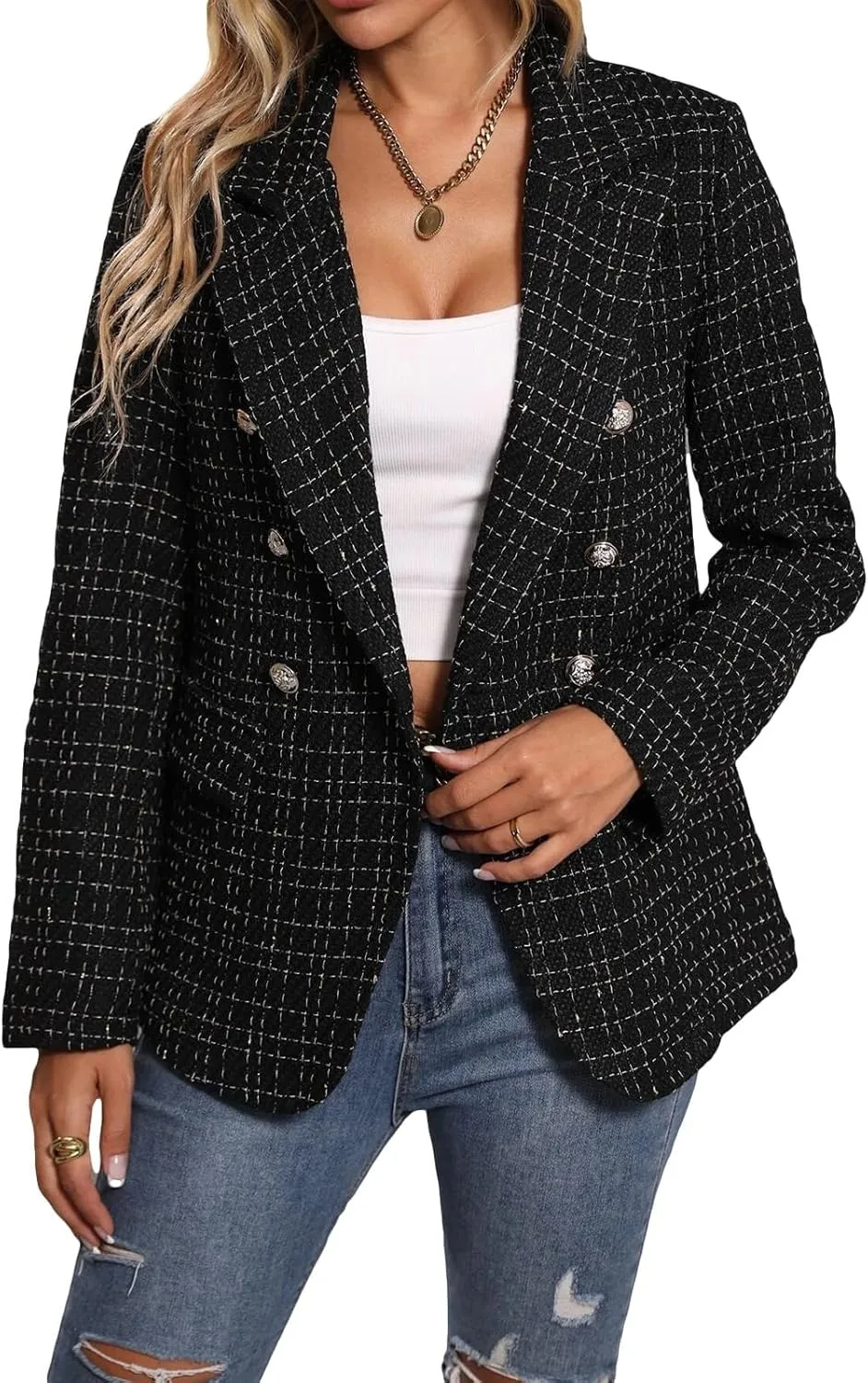 Womens Tweed Blazers Casual Plaid Jackets Long Sleeve Double Breasted Open Front Blazer Jackets Work Suits