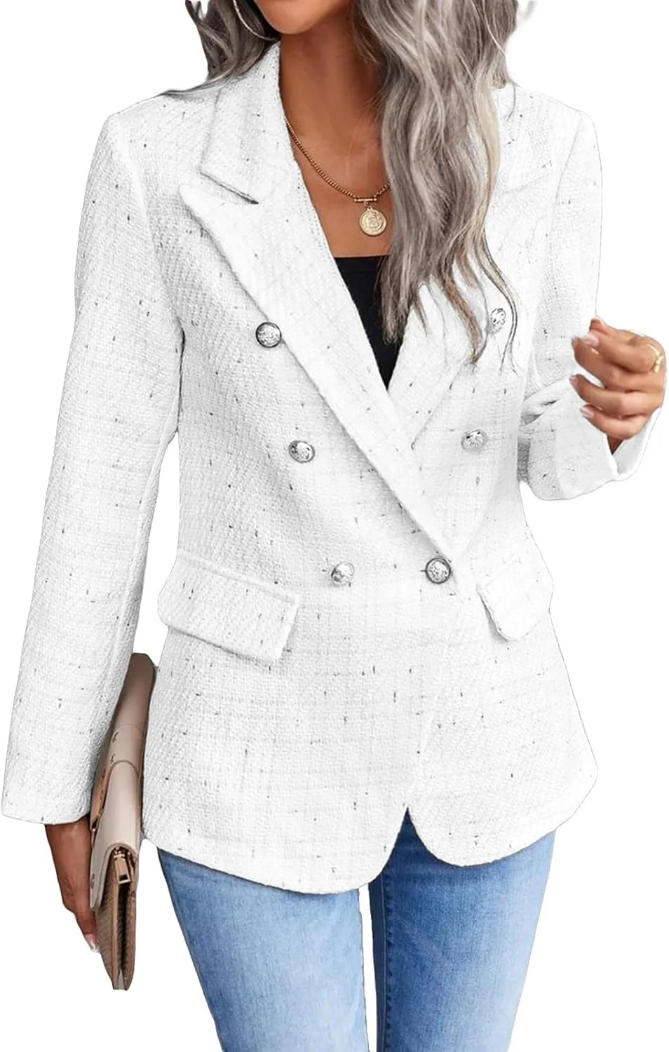 Womens Tweed Blazers Casual Plaid Jackets Long Sleeve Double Breasted Open Front Blazer Jackets Work Suits