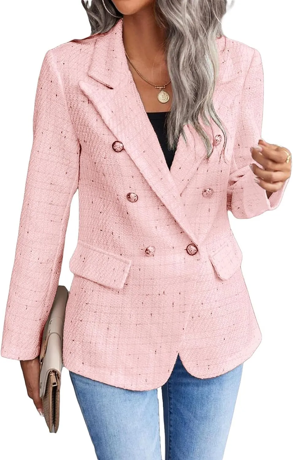 Womens Tweed Blazers Casual Plaid Jackets Long Sleeve Double Breasted Open Front Blazer Jackets Work Suits