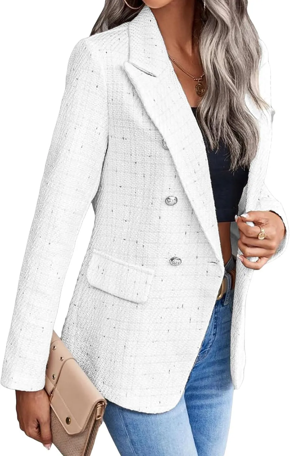 Womens Tweed Blazers Casual Plaid Jackets Long Sleeve Double Breasted Open Front Blazer Jackets Work Suits