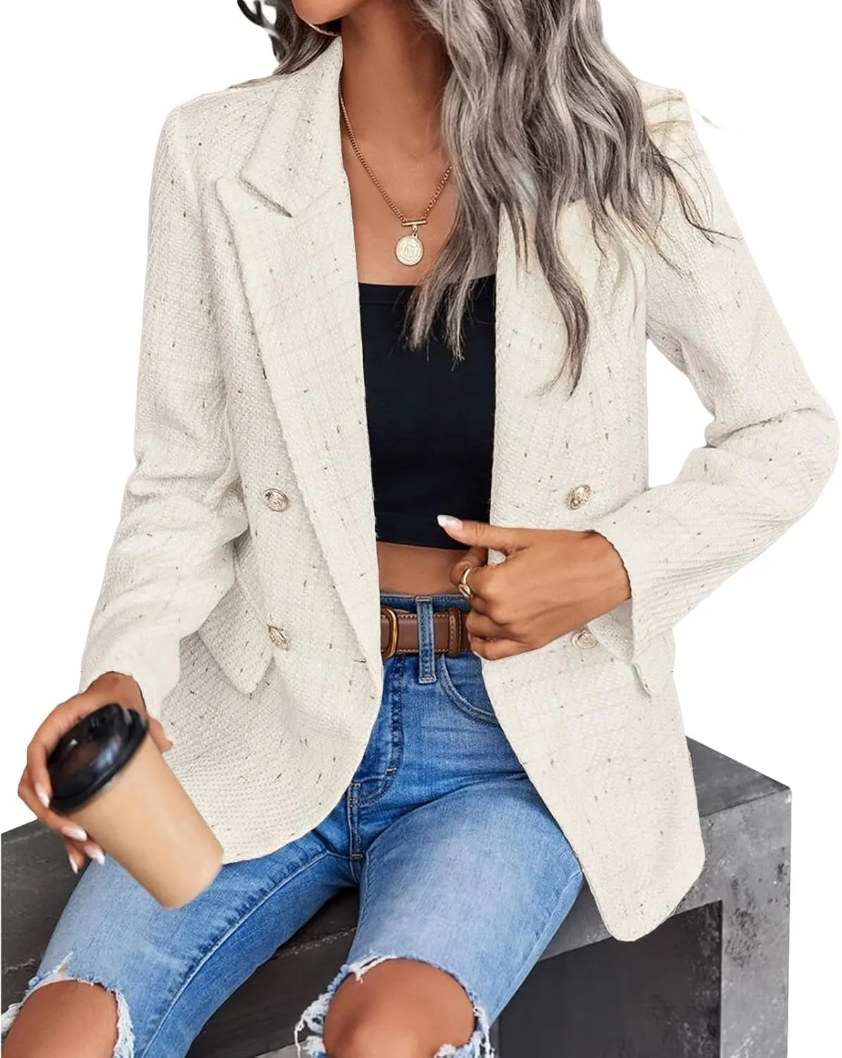 Womens Tweed Blazers Casual Plaid Jackets Long Sleeve Double Breasted Open Front Blazer Jackets Work Suits