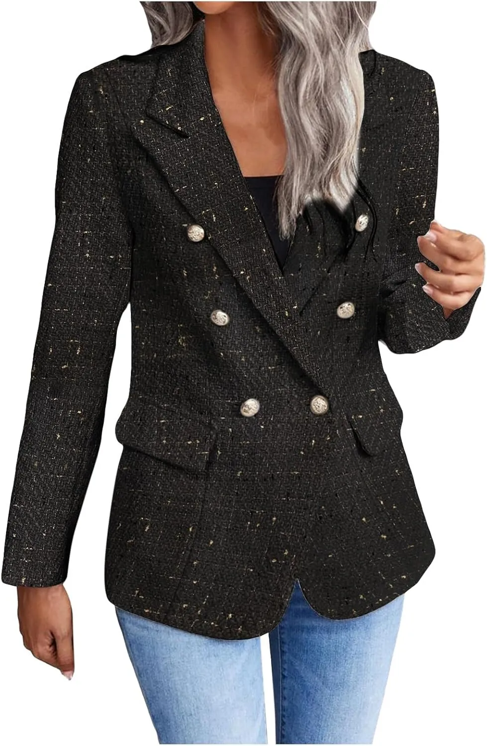 Womens Tweed Blazers Casual Plaid Jackets Long Sleeve Double Breasted Open Front Blazer Jackets Work Suits