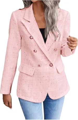 Womens Tweed Blazers Casual Plaid Jackets Long Sleeve Double Breasted Open Front Blazer Jackets Work Suits