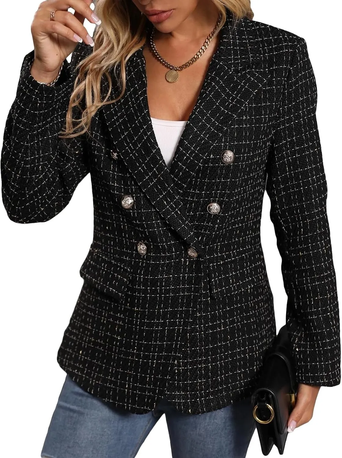 Womens Tweed Blazers Casual Plaid Jackets Long Sleeve Double Breasted Open Front Blazer Jackets Work Suits